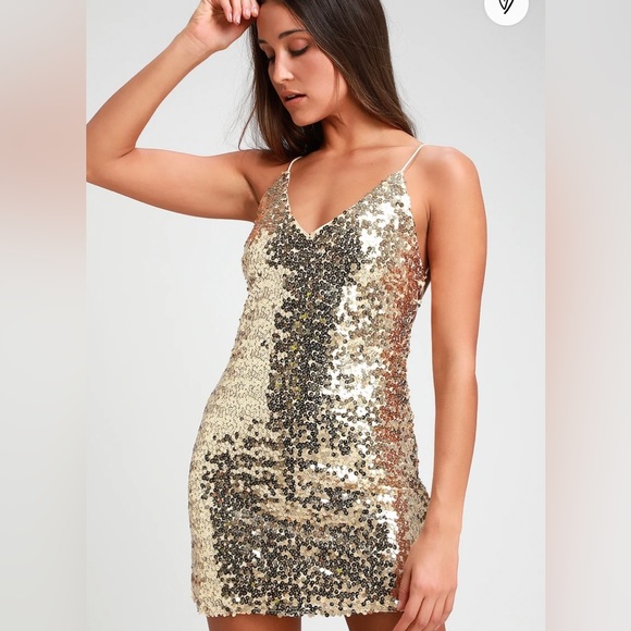Lulus Dresses & Skirts - NWT Lulus gold sequined mini dress with open back, Sz. Large.